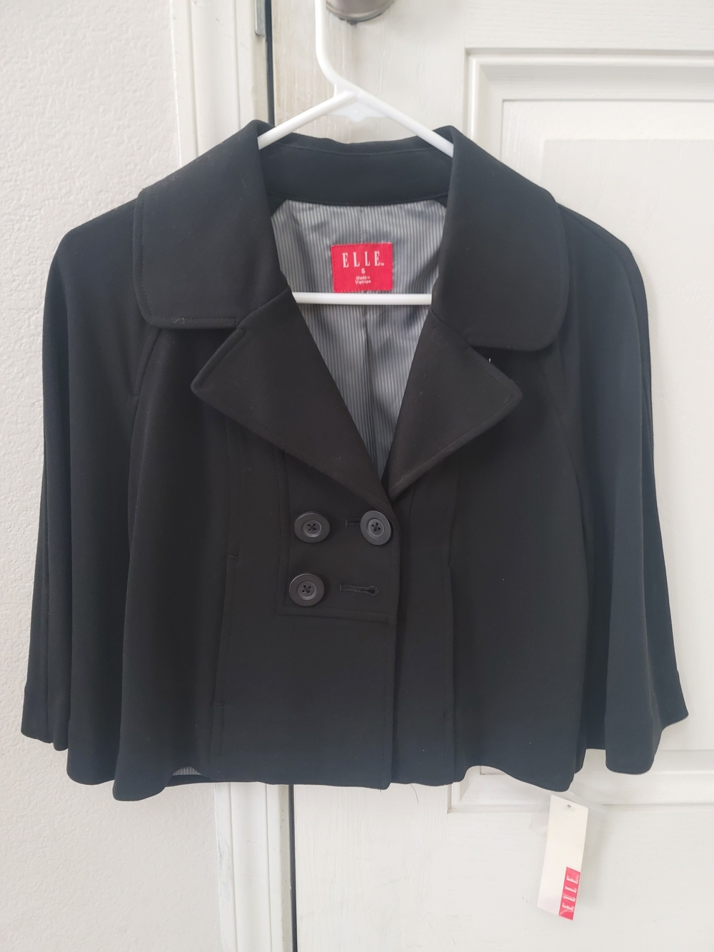 ELLE Black Cropped Cape Coat with Double-Breasted Front